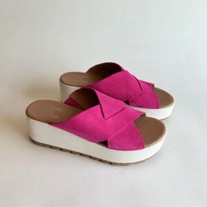 Sorel Raspberry Suede Genuine Leather White Rubber Wedge Flip Flop Sandals size7
